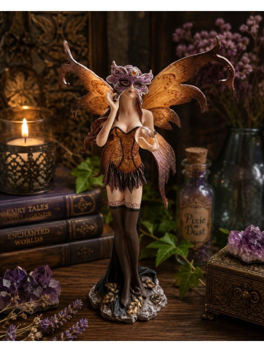Gothic Autumn Woodland Fantasy Fairy Magical Figurine Holding Crystal Orb Staue